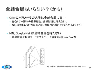  CNNのパラメータの大半は全結合層に集中
◦ あくまで一層内の線形結合。非線形性は増えない。
◦ ないよりはあった方がよいが、割に合わない？（タスクによりそう）
 NIN, GoogLeNet は全結合層を持たない
◦ 最終層の平均値プーリングをとり、そのままsoft maxへ入力
67
Min Lin et al., “Network In Network”, In Proc. ICLR, 2014.
 