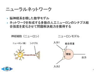  脳神経系を模した数学モデル
 ネットワークを形成する多数の人工ニューロンのシナプス結
合強度を変化させて問題解決能力を獲得する
7
ニューロンモデル神経細胞（ニューロン）
閾値
入力2
入力1
出力
結合荷重ニューロン（核） シナプス
 