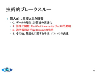  個人的に重要と思う順番
◦ ０．データの増加、計算機の高速化
◦ １．活性化関数：Rectified linear units (ReLU)の発明
◦ ２．過学習回避手法：Dropoutの発明
◦ ３．その他、最適化に関する手法・ノウハウの発達
78
 