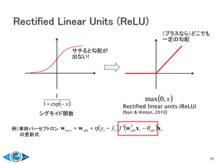 79
シグモイド関数
 x,0max
 x exp1
1
サチると勾配が
出ない!
Rectified linear units (ReLU)
[Nair & Hinton, 2010]
    ioldi
T
oldiioldnew fyy xxwww   ˆ
（プラスなら）どこでも
一定の勾配
例）単純パーセプトロン
の更新式
 