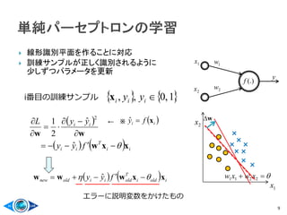  線形識別平面を作ることに対応
 訓練サンプルが正しく識別されるように
少しずつパラメータを更新
9
   1,0,, iii yyxi番目の訓練サンプル
エラーに説明変数をかけたもの
y
2x
1w
2w
1x
(.)f
 
    ii
T
ii
ii
fyy
yyL
xxw
ww






ˆ
ˆ
2
1
2
×
×
×
×
×
×
×
×
1x
2x
 2211 xwxw    ioldi
T
oldiioldnew fyy xxwww   ˆ
w ii fy xˆ← ※
 