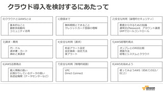 クラウド導⼊入を検討するにあたって
1)登録まで
無料料期間とできること
クレジットカード登録の理理解
2)安全な利利⽤用（論論理理的セキュリティ）
悪意から守るための知識識
通常ID/Password、アカウント譲渡
IAMでロールコントロール
3)請求・費⽤用
円・ドル
請求書・カード
締めと実請求
4)安全な利利⽤用（請求）
料料⾦金金アラート設定
設定画⾯面・設定⽅方法
実アラート
5)AWS経理理的視点
オンプレとの科⽬目⽐比較
清算⽅方法
経理理とシステムとクラウド
6)AWS法務視点
個⼈人情報の扱い
お預かりしているデータの扱い
各認証機関（データセンターなど）
7)安全な利利⽤用（物理理的経路路）
VPC
Direct  Connect
8)AWSを始めよう
使ってみようAWS（初めてのS3／
EC２）
0)クラウドとはAWSとは
基本的なこと
最新技術動向
コミュニティ活⽤用
 