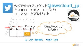 【コースター配布場所】 　AWSブース内
公式Twitterアカウント@awscloud_̲jp　
をフォローすると、ロゴ⼊入り
コースターをプレゼント
AWS
AWSブースにて
配布中！
 
