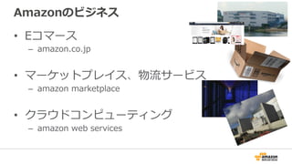 Amazonのビジネス
•  Eコマース
–  amazon.co.jp
•  マーケットプレイス、物流流サービス
–  amazon  marketplace
•  クラウドコンピューティング
–  amazon  web  services
 