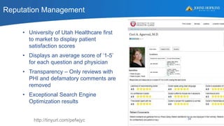 Reputation Management
• University of Utah Healthcare first
to market to display patient
satisfaction scores
• Displays an average score of ‘1-5’
for each question and physician
• Transparency – Only reviews with
PHI and defamatory comments are
removed
• Exceptional Search Engine
Optimization results
http://tinyurl.com/pefwjyc 24
 