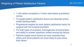 Weighting of Patient Satisfaction Factors
• 1,164 adults completed a 13-item web-based quantitative
survey
• To weight patient satisfaction favors and describe online
health seeking habits
• Proportional weights for each patient satisfaction factor for
surgical and non-surgical providers
• For both types of providers, thoroughness of examination
and ability to answer questions ranked among top factors
• Patients weight some factors as more important than
others and some patients are more likely to post online
than others
39
 