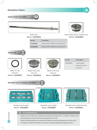 10
Basket Lids
Basket lid 10 mesh
(Set of 6)
Part no - 0104A00070
Basket lid 40 mesh
(Set of 6)
Part no - 0104A00071
E E
Basket 'O' ring
(Set of 6)
Part no - 0104A00067
E
Part No.
0104A00205
Description
Lid for basket
40 mesh 24.5 mm
(Set of 6)
Moulded Tray for Baskets and Shafts
Moulded tray for baskets & shafts
Part no - 0104A00152
E
Moulded tray for basket
Part no - 0104A00065
E
Moulded tray for paddles
Part no - 0104A00093
E
Cares & Maintenance
Ÿ Baskets can be effectively and gently cleaned by placing them in a beaker of alcohol and
sonicatingforfiveminutesandthenallowingthemtoairdry
Ÿ Alwaysholdthebasketviathetoplipofthebasketandavoidputtingpressureonthemesh
Ÿ Forlongerandsafelifeofbaskets,storetheminspeciallydesignedstoragecontainers
Dissolution Testers
Basket holder with
Part no - 0104A00069
'O' ring (Set of 6)
Basket Shaft and Holder
E
Basket shaft
Part no - 0104A00066
E
Part No.
0122A00007
0133A00004
Description
Basket shaft for 2000 mL vessel (Set of 6)
Basket shaft for 4000 mL vessel (Set of 6)
 