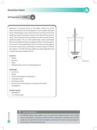 12
Dosage Form
E-10266-1E-10266-1
USP Apparatus 2 - Paddle
Cares & Maintenance
Ÿ ELECTROLAB suggests that paddles ‘may’ be coated with polyfluorocarbon. Such coating
serves two purposes: it prevents corrosion and the introduction of unwanted ions into the
media and it seals the joint where the blade is attached to the shaft, thus preventing the
accumulationoftracesofcontaminants
Apparatus 2, commonly known as the paddle method, has similar
physical specifications to those of Apparatus 1 with a paddle substituted
for the rotating basket. Some of the dimensions and tolerances for the
paddle are critical if consistent results are to be obtained from vessel to
vessel. The USP specifies that the paddle must rotate smoothly without
significant wobble. The arc of the paddle blade creates considerable
flow and any wobble will have an exaggerated effect on the flow profile.
The contours of the paddle blade must not include any sharp edges at
the tips for instance that could produce turbulent instead of laminar
flow patterns. The USP constrains wobble and vertical alignment with
theaxisofthevesseltowithin±2.0mm.
Usefulfor
Ÿ Tablets
Ÿ Capsules
Ÿ Beads
Ÿ Delayed release / enteric coated dosage forms
Advantages
Ÿ Easy to use
Ÿ Robust
Ÿ Can be easily adapted to apparatus 5
Ÿ Long experienced
Ÿ pH change possible
Ÿ Can be easily automated which is important for routine
investigations
Standard volume
Ÿ 900/1000 mL
Ÿ 1, 2, 4 Litre vessels
Dissolution Testers
 
