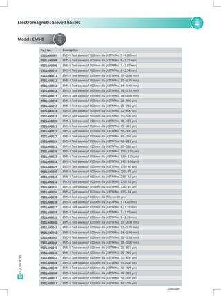 42
Part No.
0501A00014
0501A00015
0501A00008
0501A00009
0501A00010
0501A00011
0501A00012
0501A00013
0501A00025
0501A00026
0501A00027
0501A00028
0501A00029
0501A00030
0501A00031
0501A00032
0501A00033
0501A00034
0501A00035
0501A00036
0501A00037
0501A00038
0501A00039
0501A00040
0501A00041
0501A00042
0501A00043
0501A00044
0501A00045
0501A00046
0501A00047
0501A00048
0501A00049
0501A00051
0501A00052
0501A00050
0501A00016
0501A00017
0501A00018
0501A00019
0501A00020
0501A00021
0501A00022
0501A00023
0501A00024
0501A00007
Continued....
EMS-8 Test sieves of 200 mm dia (ASTM No. 16 - 1.18 mm)
EMS-8 Test sieves of 200 mm dia (ASTM No. 18 - 1.00 mm)
Description
EMS-8 Test sieves of 200 mm dia (ASTM No. 6 - 3.35 mm)
EMS-8 Test sieves of 200 mm dia (ASTM No. 5 - 4.00 mm)
EMS-8 Test sieves of 200 mm dia (ASTM No. 7 - 2.80 mm)
EMS-8 Test sieves of 200 mm dia (ASTM No. 8 - 2.36 mm)
EMS-8 Test sieves of 200 mm dia (ASTM No. 10 - 2.00 mm)
EMS-8 Test sieves of 200 mm dia (ASTM No. 12 - 1.70 mm)
EMS-8 Test sieves of 200 mm dia (ASTM No. 14 - 1.40 mm)
EMS-8 Test sieves of 200 mm dia (ASTM No. 80 - 180 µm)
EMS-8 Test sieves of 200 mm dia (ASTM No. 100 - 150 µm)
EMS-8 Test sieves of 200 mm dia (ASTM No. 120 - 125 µm)
EMS-8 Test sieves of 200 mm dia (ASTM No. 140 - 106 µm)
EMS-8 Test sieves of 200 mm dia (ASTM No. 170 - 90 µm)
EMS-8 Test sieves of 200 mm dia (ASTM No. 200 - 75 µm)
EMS-8 Test sieves of 200 mm dia (ASTM No. 230 - 63 µm)
EMS-8 Test sieves of 200 mm dia (ASTM No. 270 - 53 µm)
EMS-8 Test sieves of 200 mm dia (ASTM No. 325 - 45 µm)
EMS-8 Test sieves of 200 mm dia (ASTM No. 400 - 38 µm)
EMS-8 Test sieves of 200 mm dia (Micron 28 µm)
EMS-8 Test sieves of 100 mm dia (ASTM No. 5 - 4.00 mm)
EMS-8 Test sieves of 100 mm dia (ASTM No. 6 - 3.35 mm)
EMS-8 Test sieves of 100 mm dia (ASTM No. 7 - 2.80 mm)
EMS-8 Test sieves of 100 mm dia (ASTM No. 8 - 2.36 mm)
EMS-8 Test sieves of 100 mm dia (ASTM No. 12 - 1.70 mm)
EMS-8 Test sieves of 100 mm dia (ASTM No. 14 - 1.40 mm)
EMS-8 Test sieves of 100 mm dia (ASTM No. 16 - 1.18 mm)
EMS-8 Test sieves of 100 mm dia (ASTM No. 10 - 2.00 mm)
EMS-8 Test sieves of 100 mm dia (ASTM No. 18 - 1.00 mm)
EMS-8 Test sieves of 100 mm dia (ASTM No. 20 - 850 µm)
EMS-8 Test sieves of 100 mm dia (ASTM No. 25 - 710 µm)
EMS-8 Test sieves of 100 mm dia (ASTM No. 30 - 600 µm)
EMS-8 Test sieves of 100 mm dia (ASTM No. 35 - 500 µm)
EMS-8 Test sieves of 100 mm dia (ASTM No. 40 - 425 µm)
EMS-8 Test sieves of 100 mm dia (ASTM No. 50 - 300 µm)
EMS-8 Test sieves of 100 mm dia (ASTM No. 60 - 250 µm)
EMS-8 Test sieves of 100 mm dia (ASTM No. 45 - 355 µm)
EMS-8 Test sieves of 200 mm dia (ASTM No. 20 - 850 µm)
EMS-8 Test sieves of 200 mm dia (ASTM No. 25 - 710 µm)
EMS-8 Test sieves of 200 mm dia (ASTM No. 30 - 600 µm)
EMS-8 Test sieves of 200 mm dia (ASTM No. 35 - 500 µm)
EMS-8 Test sieves of 200 mm dia (ASTM No. 40 - 425 µm)
EMS-8 Test sieves of 200 mm dia (ASTM No. 45 - 355 µm)
EMS-8 Test sieves of 200 mm dia (ASTM No. 50 - 300 µm)
EMS-8 Test sieves of 200 mm dia (ASTM No. 60 - 250 µm)
EMS-8 Test sieves of 200 mm dia (ASTM No. 70 - 212 µm)
Electromagnetic Sieve Shakers
Model : EMS-8
 