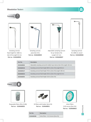 7
Dissolution Testers
Cannulas
Filters
Sampling cannula
fixed height for 1000 mL
(Set of 6) Length 92 mm
Part no - 0104A00045
Sampling cannula
peak (Set of 6)
Part no - 0104A00049
Adjustable sampling cannula
for jar lid (Set of 6)
Length 127 mm
Part no - 0104A00047
Sampling cannula
for 2000 mL vessel
Part no - 0104A00048
Disposable filters (Pkt of 100)
Part no - 0104A00050
SS filters with holder (Set of 6)
Part no - 0104A00051
Inline Filters
0.45 micron (Set of 6)
Part no - 0104A00052
Part No. Description
0104A00046 Adjustable sampling cannula for tablet input device (Set of 6) Length 144 mm
0104A00156 Sampling cannula fixed height 900 mL (Set of 6) Length 98 mm
0104A00157
0104A00295
Sampling cannula fixed height 750 mL (Set of 6) Length 108 mm
Sampling cannula fixed height 150 mL (Set of 6)
0104A00233 Sampling cannula fixed height 250 mL (Set of 6) Length 65 mm
E E E
E
E E E
Part No.
0104A00308
Description
Inline filters - 0.22 micron (Set of 6)
 