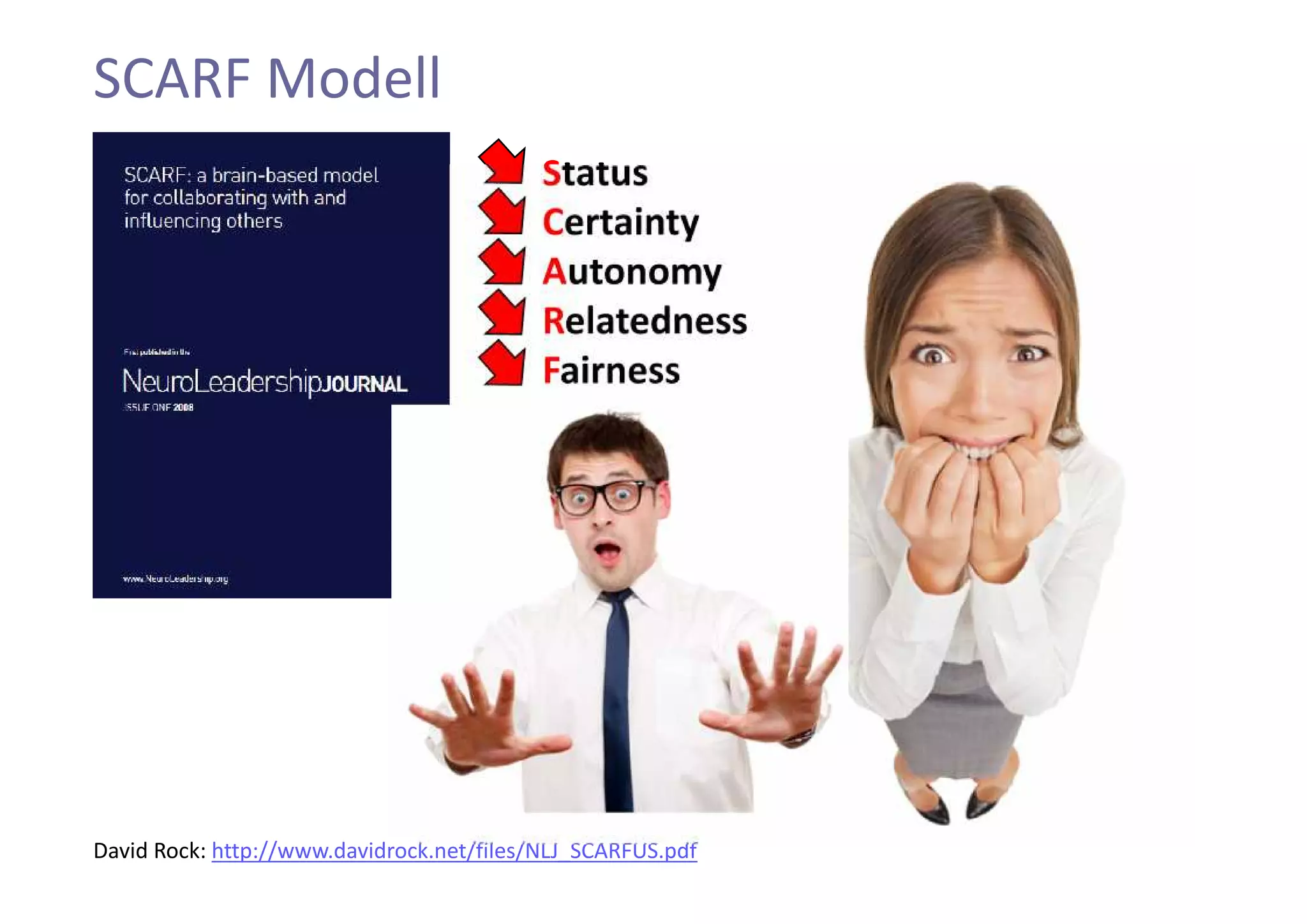 Status relative importance to others
Certainty being able to predict the future
Autonomy a sense of control over events
Relatedness safety with others
Fairness fair exchanges between people
SCARF Modell
David Rock: http://www.davidrock.net/files/NLJ_SCARFUS.pdf
 