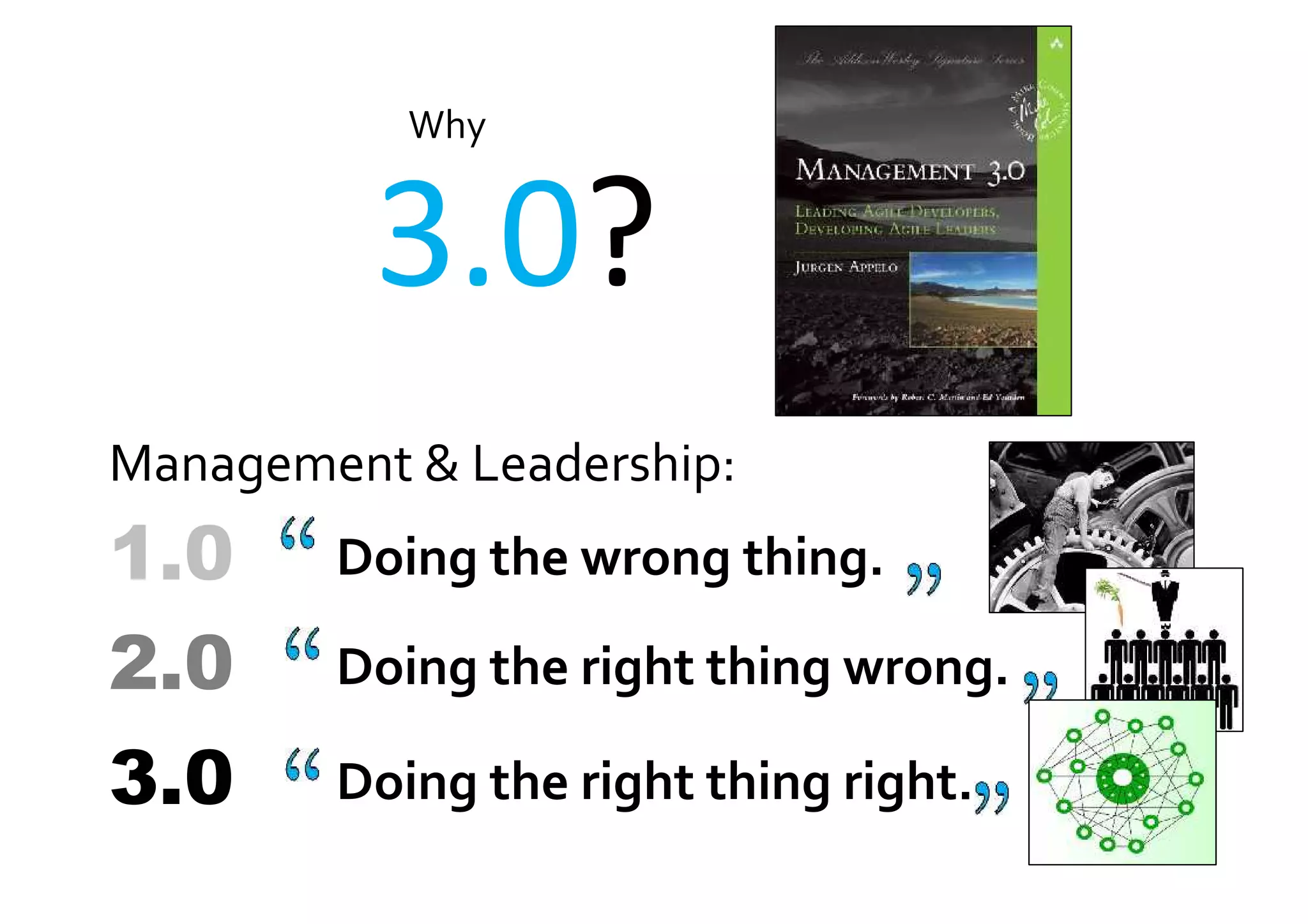 3.0?
Why
Doing the wrong thing.1.0
Doing the right thing wrong.
Doing the right thing right.
2.0
3.0
Management & Leadership:
 