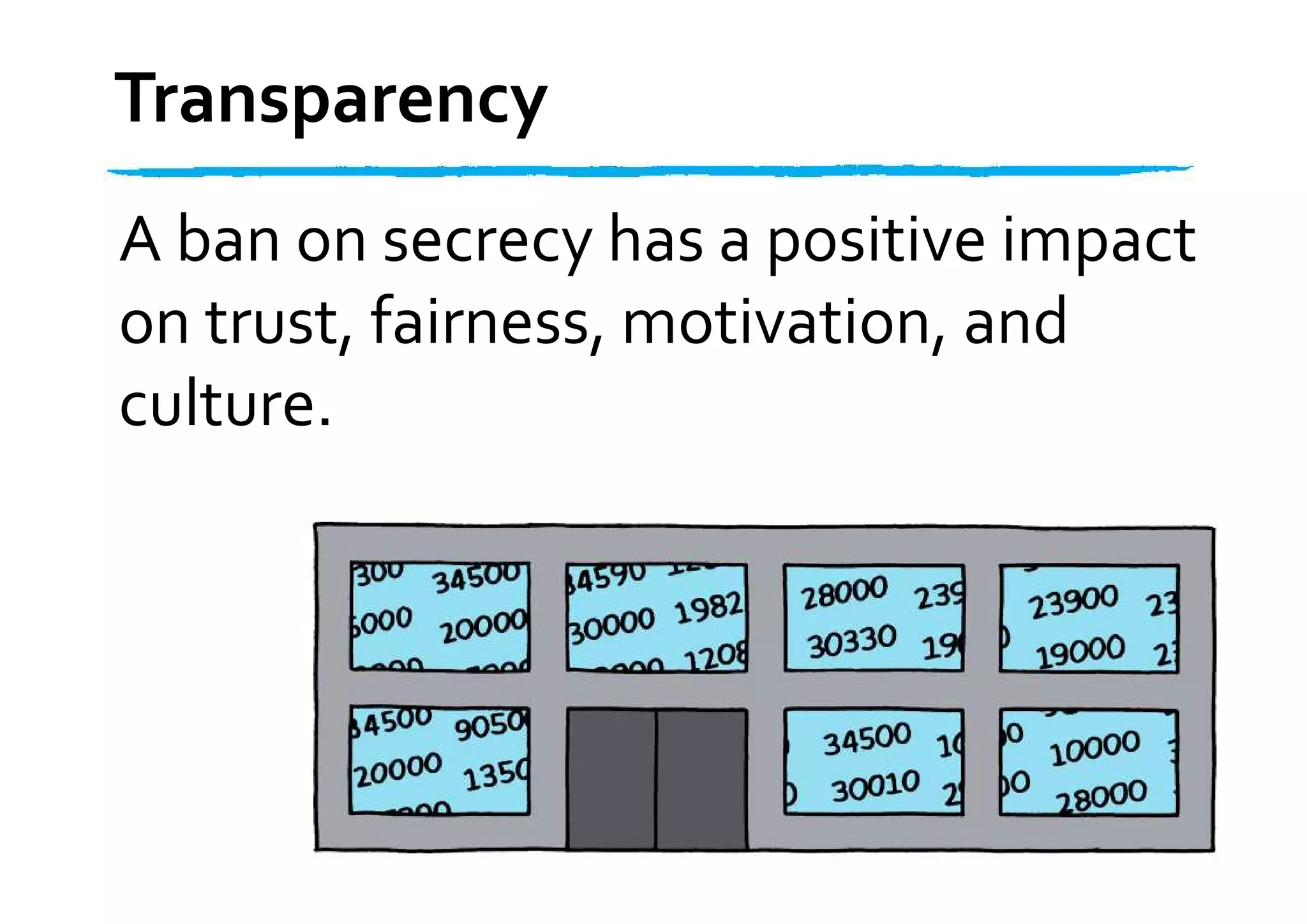 Transparency
A ban on secrecy has a positive impact
on trust, fairness, motivation, and
culture.
 