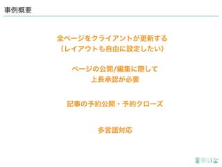 事例概要
全ページをクライアントが更新する
（レイアウトも自由に設定したい）
ページの公開/編集に際して
上長承認が必要
記事の予約公開・予約クローズ
多言語対応
 