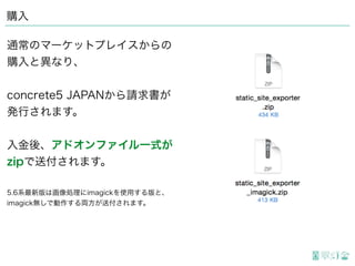 購入
通常のマーケットプレイスからの
購入と異なり、
concrete5 JAPANから請求書が
発行されます。
入金後、アドオンファイル一式が
zipで送付されます。
5.6系最新版は画像処理にimagickを使用する版と、
imagick無しで動作する両方が送付されます。
 