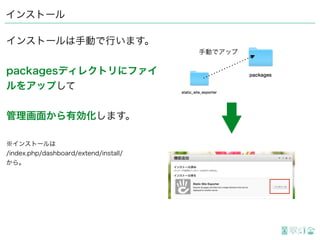 インストール
インストールは手動で行います。
packagesディレクトリにファイ
ルをアップして
管理画面から有効化します。
※インストールは
/index.php/dashboard/extend/install/
から。
手動でアップ
 