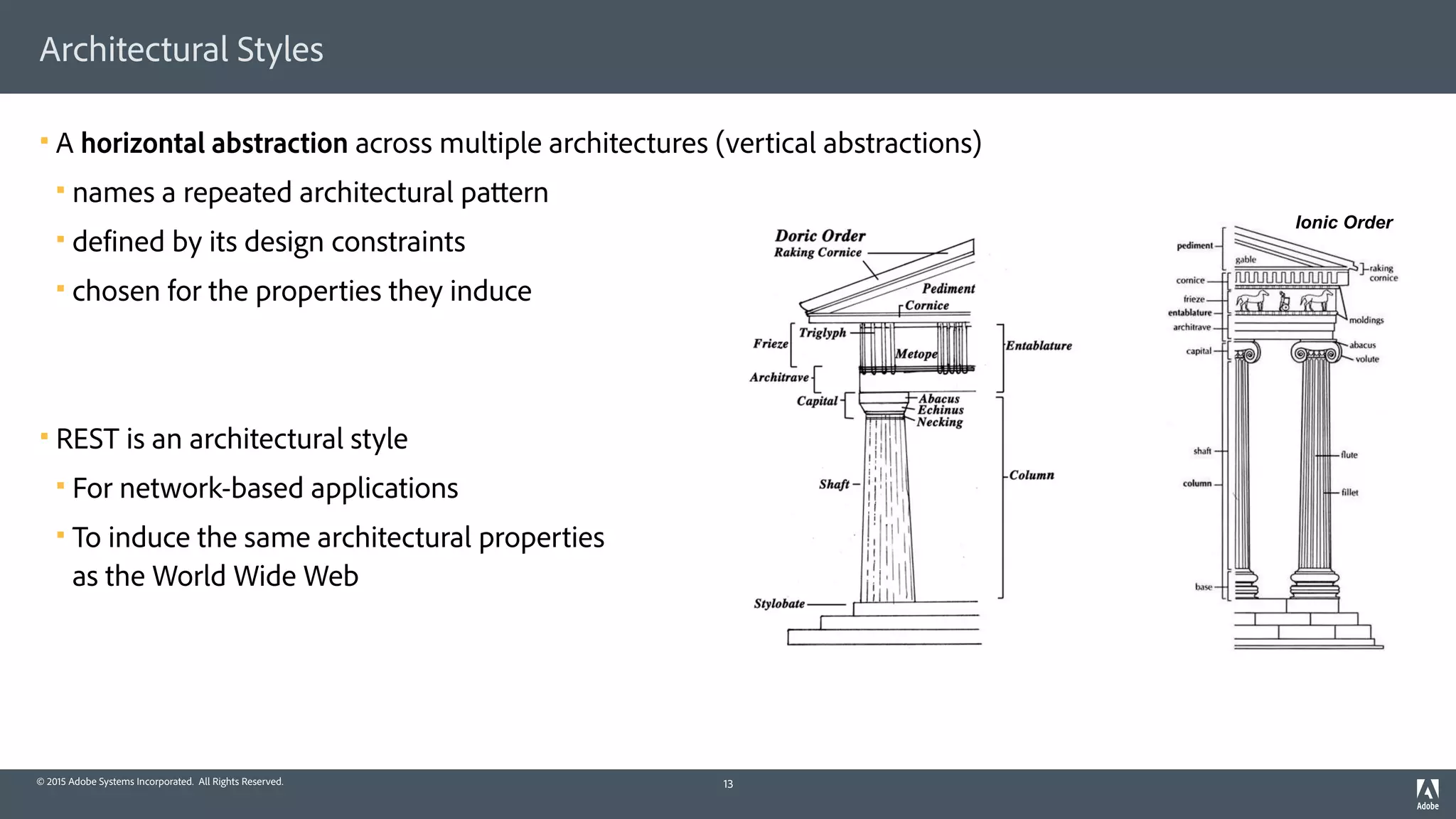 © 2015 Adobe Systems Incorporated. All Rights Reserved.
Architectural Styles
§ A horizontal abstraction across multiple architectures (vertical abstractions)
§ names a repeated architectural pattern
§ defined by its design constraints
§ chosen for the properties they induce
§ REST is an architectural style
§ For network-based applications
§ To induce the same architectural properties 
as the World Wide Web
13
Ionic Order
 
