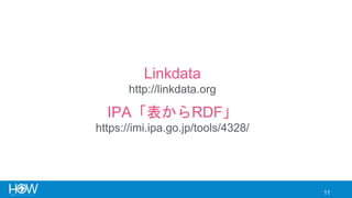 11
Linkdata
http://linkdata.org
IPA「表からRDF」
https://imi.ipa.go.jp/tools/4328/
 