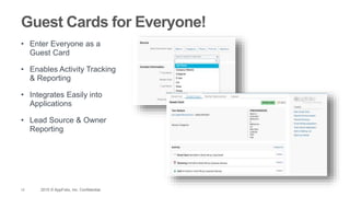 12 2015 © AppFolio, Inc. Confidential.
Guest Cards for Everyone!
• Enter Everyone as a
Guest Card
• Enables Activity Tracking
& Reporting
• Integrates Easily into
Applications
• Lead Source & Owner
Reporting
 