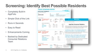 14 2015 © AppFolio, Inc. Confidential.
Screening: Identify Best Possible Residents
• Completely Built-In
AppFolio
• Simple Click of the Link
• Runs in Seconds
• Easy to Read
• Enhancements Coming
• Backed by Dedicated
Consumer Relations
Team
 