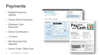 25 2015 © AppFolio, Inc. Confidential.
Payments
• Multiple Payments
Options
• Tenant Online Payments
• Electronic Cash
Payments
• Owner Contributions
• E-Check
• Next Business Day
Deposits
• Owner Credit / Debt Card
 