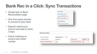 32 2015 © AppFolio, Inc. Confidential.
Bank Rec in a Click: Sync Transactions
• Simple task on Bank
Reconciliation page
• One time setup process
to connect to your bank
• Deposit matching by
amount and date to within
3 days
• Check matching on
amount and check
number
 