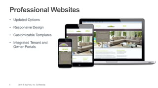9 2015 © AppFolio, Inc. Confidential.
Professional Websites
• Updated Options
• Responsive Design
• Customizable Templates
• Integrated Tenant and
Owner Portals
 