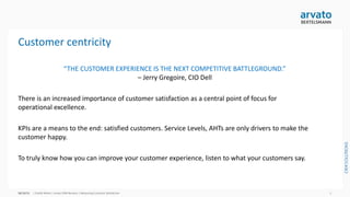 Customer centricity
arvato CRM Solutions | Measuring Customer Satisfaction 2
“THE CUSTOMER EXPERIENCE IS THE NEXT COMPETITIVE BATTLEGROUND.”
– Jerry Gregoire, CIO Dell
There is an increased importance of customer satisfaction as a central point of focus for
operational excellence.
KPIs are a means to the end: satisfied customers. Service Levels, AHTs are only drivers to make the
customer happy.
To truly know how you can improve your customer experience, listen to what your customers say.
 