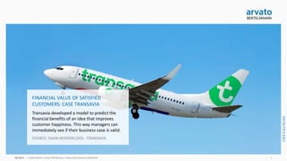 arvato CRM Solutions | Measuring Customer Satisfaction 5
FINANCIAL VALUE OF SATISFIED
CUSTOMERS: CASE TRANSAVIA
Transavia developed a model to predict the
financial benefits of an idea that improves
customer happiness. This way managers can
immediately see if their business case is valid.
SOURCE: DAAN NOORDELOOS - TRANSAVIA
 