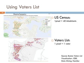 Using Voters List
 US Census:
1pixel = 40 inhabitants
 Voters List:
1 pixel = 1 voter
16
Source: Boston Voters List
Visualization : ESRI
Data Mining: NamSor
 