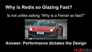 Why is Redis so Glazing Fast?
Is not unlike asking “Why is a Ferrari so fast?”
Answer: Performance dictates the Design
 