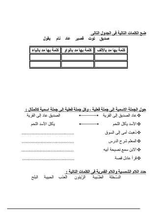 ‫التالى‬ ‫الجدول‬ ‫فى‬ ‫التالية‬ ‫الكلمات‬ ‫ضع‬
‫يقول‬ ‫نام‬ ‫عاد‬ ‫قصير‬ ‫توت‬ ‫صديق‬
: ‫كالمثال‬ ‫اسمية‬ ‫جملة‬ ‫إلى‬ ‫فعلية‬ ‫جملة‬ ‫وكل‬ ، ‫فعلية‬ ‫جملة‬ ‫إلى‬ ‫السمية‬ ‫الجملة‬ ‫حول‬
‫القرـية‬ ‫إلى‬ ‫عراد‬ ‫الصدـيق‬ ‫القرـية‬ ‫إلى‬ ‫الصدـيق‬ ‫عراد‬
‫اللحم‬ ‫السد‬ ‫ـيأكل‬ ‫اللحم‬ ‫ـيأكل‬ ‫السد‬
............................................ ‫السوق‬ ‫إلى‬ ‫أمى‬ ‫ذهبت‬
............................................ ‫الدرس‬ ‫شرح‬ ‫المعلم‬
............................................ ‫أبـيه‬ ‫نصـيحة‬ ‫سمع‬ ‫االبن‬
............................................ ‫قصة‬ ‫عرادل‬ ‫قرأ‬
: ‫التالية‬ ‫الكلمات‬ ‫فى‬ ‫القمرية‬ ‫واللم‬ ‫الشمسية‬ ‫اللم‬ ‫حدد‬
‫البلح‬ ‫الحبـيبة‬ ‫لعذب‬ْ‫ٌع‬‫ا‬ ‫زـيتون‬ّ‫ن‬ ‫ال‬ ‫ـــيبة‬ّ‫ن‬‫الط‬ ‫ــخلة‬ّ‫ن‬‫النـ‬
‫باللف‬ ‫مد‬ ‫بها‬ ‫كلمة‬‫بالواو‬ ‫مد‬ ‫بها‬ ‫كلمة‬‫بالياء‬ ‫مد‬ ‫بها‬ ‫كلمة‬
 