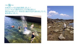 ～海～
天気のいい日は海を満喫しました！
シュノーケルで海中のサンゴや魚を見たり
飛び込みをしたり、村の方に教わりながら釣りをしていた
参加者もいました。
 