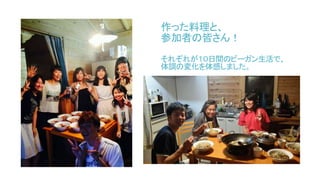 作った料理と、
参加者の皆さん！
それぞれが１０日間のビーガン生活で、
体調の変化を体感しました。
 