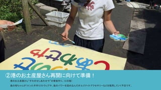 ②港のお土産屋さん再開に向けて準備！
港のお土産屋さん“すわのせしあわせや”の看板作り。（Ｃ日程）
島の母ちゃんがつくった手作りストラップや、島のパワーを詰め込んだオルゴナイトアクセサリーなどを販売していく予定です。
 