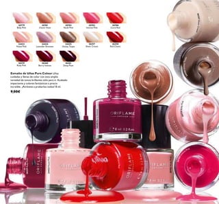 20781
Clover Haze
20782
Nude Pink
20782NudePink
24423
Pastel Pink
24423PastelPink
20783
Intense Pink
24424
Lavender Shimmer
20788
Coral Red
26260BerryIntense
24425
Glossy Taupe
26259
Ruby Pink
26259RubyPink
20779BabyPink
20783Inte
nse Pink
26261DeepPlum
20788CoralRed
24425GlossyTaupe
26257SheerCream
20779
Baby Pink
26260
Berry Intense
26257
Sheer Cream
26261
Deep Plum
26258
Red Classic
20781CloverHaze
118
Esmalte de Uñas Pure Colour Uñas
cuidadas y llenas de color con esta amplia
variedad de tonos brillantes sólo para ti. Acabado
impactante y colores fantásticos a precio
increíble. ¡Atrévete a probarlos todos! 8 ml.
9,00€
 