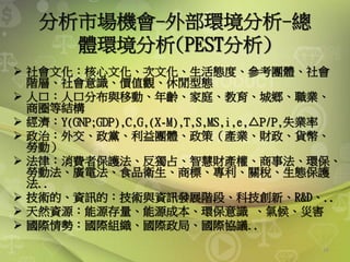 分析市場機會-外部環境分析-總
體環境分析(PEST分析)
 社會文化：核心文化、次文化、生活態度、參考團體、社會
階層、社會意識、價值觀、休閒型態
 人口：人口分布與移動、年齡、家庭、教育、城鄉、職業、
商圈等結構
 經濟：Y(GNP;GDP),C,G,(X-M),T,S,MS,i,e,P/P,失業率
 政治：外交、政黨、利益團體、政策（產業、財政、貨幣、
勞動）
 法律：消費者保護法、反獨占、智慧財產權、商事法、環保、
勞動法、廣電法、食品衛生、商標、專利、關稅、生態保護
法..
 技術的、資訊的：技術與資訊發展階段、科技創新、R&D、..
 天然資源：能源存量、能源成本、環保意識 、氣候、災害
 國際情勢：國際組織、國際政局、國際協議..
26
 