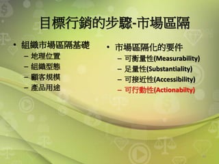 45
目標行銷的步驟-市場區隔
• 組織市場區隔基礎
– 地理位置
– 組織型態
– 顧客規模
– 產品用途
• 市場區隔化的要件
– 可衡量性(Measurability)
– 足量性(Substantiality)
– 可接近性(Accessibility)
– 可行動性(Actionabilty)
 