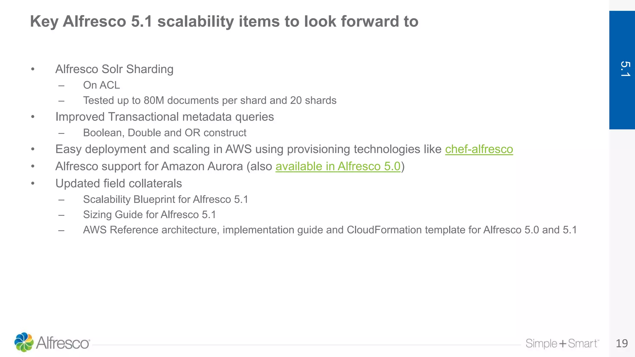 19
5.1
Key Alfresco 5.1 scalability items to look forward to
• Alfresco Solr Sharding
– On ACL
– Tested up to 80M documents per shard and 20 shards
• Improved Transactional metadata queries
– Boolean, Double and OR construct
• Easy deployment and scaling in AWS using provisioning technologies like chef-alfresco
• Alfresco support for Amazon Aurora (also available in Alfresco 5.0)
• Updated field collaterals
– Scalability Blueprint for Alfresco 5.1
– Sizing Guide for Alfresco 5.1
– AWS Reference architecture, implementation guide and CloudFormation template for Alfresco 5.0 and 5.1
 