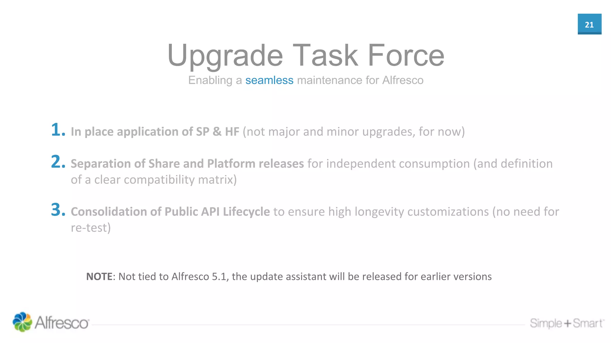 21
Enabling a seamless maintenance for Alfresco
Upgrade Task Force
1. In place application of SP & HF (not major and minor upgrades, for now)
2. Separation of Share and Platform releases for independent consumption (and definition
of a clear compatibility matrix)
3. Consolidation of Public API Lifecycle to ensure high longevity customizations (no need for
re-test)
NOTE: Not tied to Alfresco 5.1, the update assistant will be released for earlier versions
 