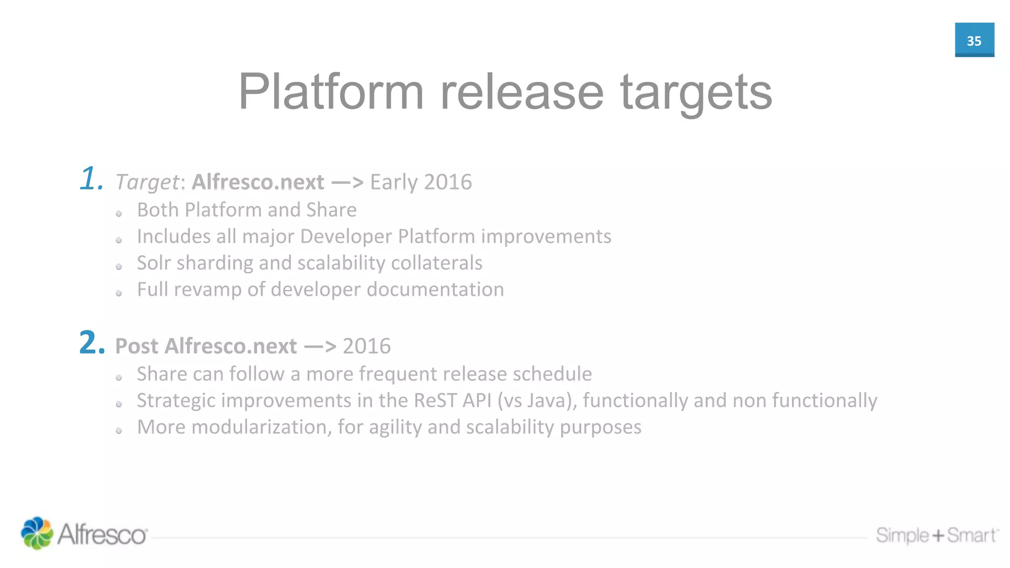 35
Platform release targets
1. Target: Alfresco.next —> Early 2016
Both Platform and Share
Includes all major Developer Platform improvements
Solr sharding and scalability collaterals
Full revamp of developer documentation
2. Post Alfresco.next —> 2016
Share can follow a more frequent release schedule
Strategic improvements in the ReST API (vs Java), functionally and non functionally
More modularization, for agility and scalability purposes
 