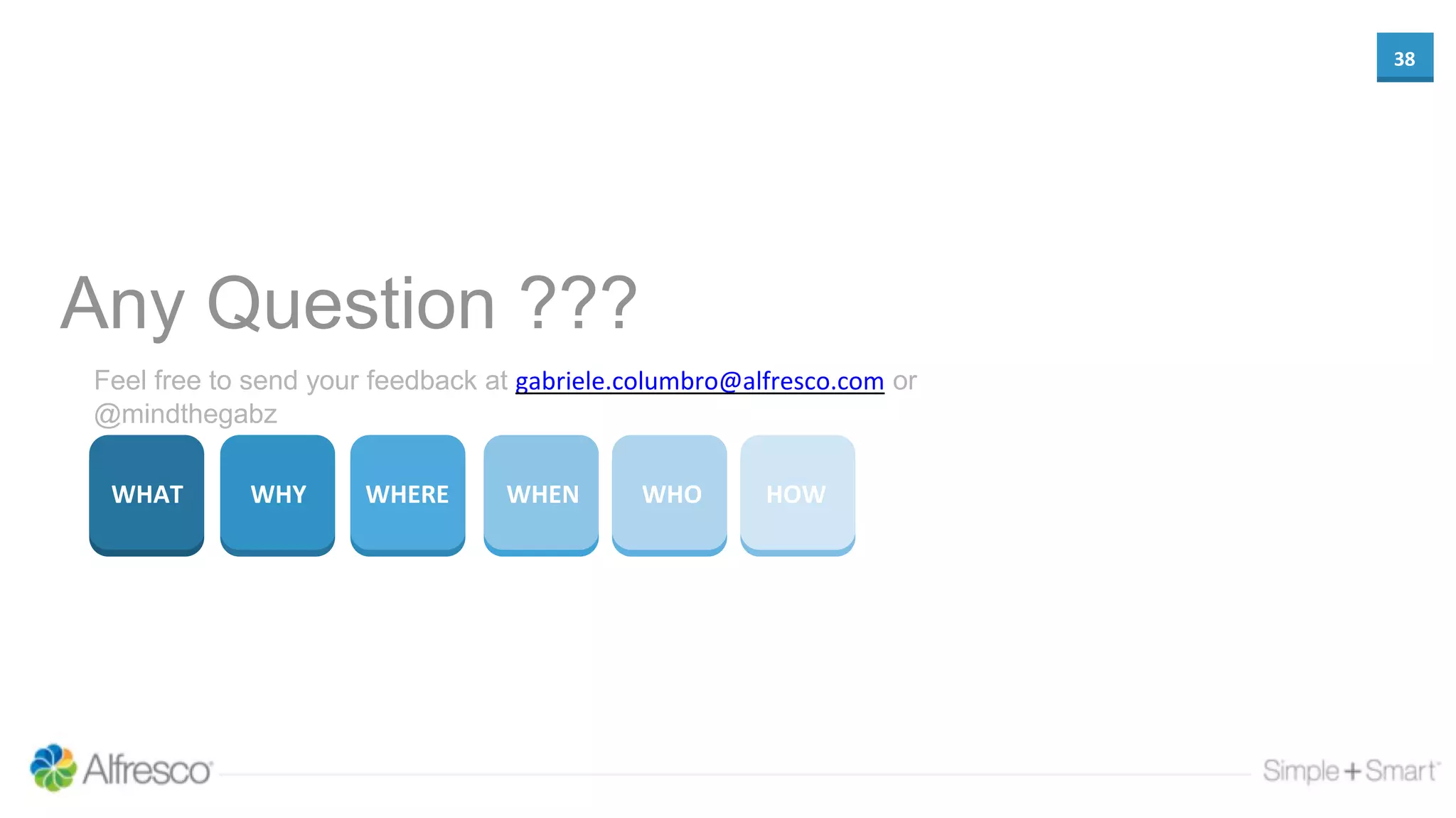 38
WHAT WHY WHERE WHEN WHO HOW
Any Question ???
Feel free to send your feedback at gabriele.columbro@alfresco.com or
@mindthegabz
 