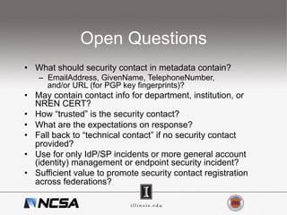 Open Questions
•  What should security contact in metadata contain?
–  EmailAddress, GivenName, TelephoneNumber,
and/or URL (for PGP key fingerprints)?
•  May contain contact info for department, institution, or
NREN CERT?
•  How “trusted” is the security contact?
•  What are the expectations on response?
•  Fall back to “technical contact” if no security contact
provided?
•  Use for only IdP/SP incidents or more general account
(identity) management or endpoint security incident?
•  Sufficient value to promote security contact registration
across federations?
 