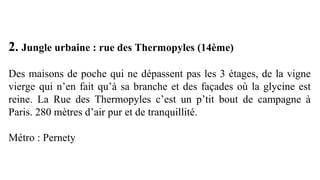 2. Jungle urbaine : rue des Thermopyles (14ème)
Des maisons de poche qui ne dépassent pas les 3 étages, de la vigne
vierge qui n’en fait qu’à sa branche et des façades où la glycine est
reine. La Rue des Thermopyles c’est un p’tit bout de campagne à
Paris. 280 mètres d’air pur et de tranquillité.
Métro : Pernety
 