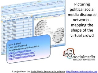 A project from the Social Media Research Foundation: http://www.smrfoundation.org
Picturing
political social
media discourse
networks -
mapping the
shape of the
virtual crowd
 