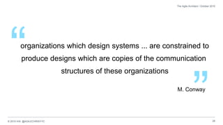 © 2015 IHS @AGILECHRISYYC 28
The Agile Architect / October 2015
organizations which design systems ... are constrained to
produce designs which are copies of the communication
structures of these organizations
”
“
M. Conway
 
