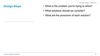 © 2015 IHS @AGILECHRISYYC
Design Steps • What is the problem you’re trying to solve?
• What solutions should we consider?
• What are the pros/cons of each solution?
32
The Agile Architect / October 2015
 