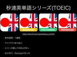 秒速英単語シリーズ(TOEIC)
• 制作期間：1週間
• ライブラリ8つほど
• シリーズ通してのDLが多い
• はじめて、Gunosyにのった
http://tecc0.com/speedenja_lp.html
 