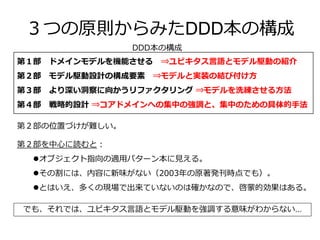 ３つの原則からみたDDD本の構成
第１部 ドメインモデルを機能させる ⇒ユビキタス言語とモデル駆動の紹介
第２部 モデル駆動設計の構成要素 ⇒モデルと実装の結び付け方
第３部 より深い洞察に向かうリファクタリング ⇒モデルを洗練させる方法
第４部 戦略的設計 ⇒コアドメインへの集中の強調と、集中のための具体的手法
DDD本の構成
第２部の位置づけが難しい。
第２部を中心に読むと：
オブジェクト指向の適用パターン本に見える。
その割には、内容に新味がない（2003年の原著発刊時点でも）。
とはいえ、多くの現場で出来ていないのは確かなので、啓蒙的効果はある。
でも、それでは、ユビキタス言語とモデル駆動を強調する意味がわからない...
 