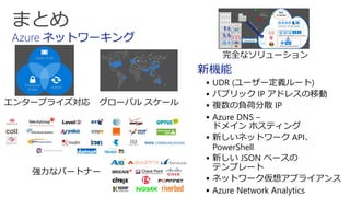 Azure ネットワーキング
新機能
 UDR (ユーザー定義ルート)
 パブリック IP アドレスの移動
 複数の負荷分散 IP
 Azure DNS –
ドメイン ホスティング
 新しいネットワーク API、
PowerShell
 新しい JSON ベースの
テンプレート
 ネットワーク仮想アプライアンス
 Azure Network Analytics
エンタープライズ対応 グローバル スケール
強力なパートナー
完全なソリューション
 